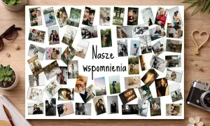 Kolaż zdjęć z napisem "Nasze wspomnienia". Wiele par, rodzin, dzieci, ślubów. Widać też elementy dekoracyjne, jak serce z drewna.