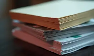 Stos papierów o różnej gramaturze, od jasnego kremowego po różowy, leży na drewnianym blacie.