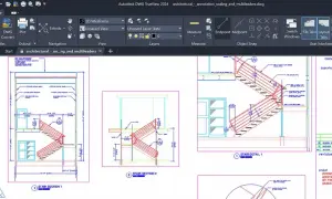Widok schodów w programie DWG TrueView po polsku. Detale architektoniczne schodów i ich sekcje.
