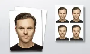 Zdjęcie do dowodu: sprawdź, ile kosztuje zestaw czterech identycznych fotografii mężczyzny w czarnej koszulce.