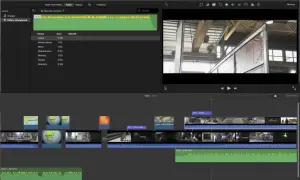 Edycja filmu w iMovie: oś czasu z klipami wideo, ścieżkami audio i podglądem sceny przemysłowej.