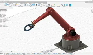 Model ramienia robota w programie CAD. Widoczny jest czerwony manipulator z chwytakiem, osadzony na obrotowej podstawie.