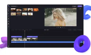 Edytor wideo z interfejsem podobnym do adobe creative, prezentujący projekt z klipami wideo, ścieżką muzyczną i podglądem.
