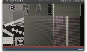 Test obrazu wideo z widocznymi artefaktami aliasingu. Widoczne są linie, kwadraty i logo ARRI.