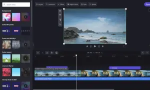Program do montowania filmów z podglądem klipu z wybrzeżem i ścieżką dźwiękową.