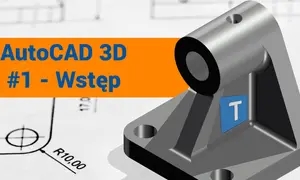 Wizualizacja modelu 3D wykonanego w programie AutoCAD. Obok rysunku technicznego widoczny metalowy element z logo "T".