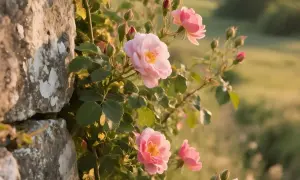 Różowe róże przy kamiennym murze, idealne do inspiracji, jak przerobić zdjęcie, by uzyskać taki efekt.