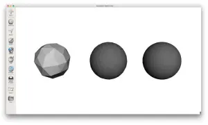 Trzy modele 3D: wielościan, gładka kula i lekko chropowata kula. Program Autodesk Meshmixer pozwala na import i edycję plików stl.