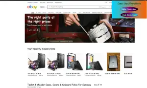 Strona eBay z ofertami, w tym etui na tablet. W rogu okno z napisem "Comic Sans Everywhere" i przyciskami "Make Comic Sans" i "Undo Comic Sans".