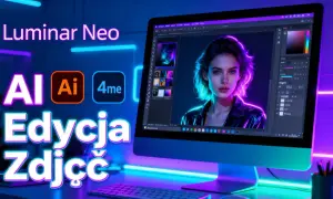 Luminar Neo z AI do edycji zdjęć. Komputer wyświetla portret kobiety z neonowym konturem.