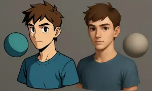 Porównanie dwóch stylów: anime z **cell shading** i realistyczny portret młodego mężczyzny.