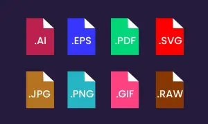 Ikony plików graficznych: .AI, .EPS, .PDF, .SVG, .JPG, .PNG, .GIF, .RAW.