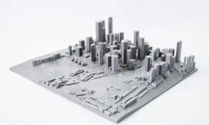 Model miasta z wieżowcami i niską zabudową, stworzony przez mapping 3d.