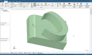 Projekt 3D w programie darmowy CAD. Widoczny zielony model bryły z zaznaczonymi osiami współrzędnych.