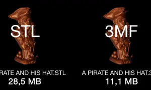 Plik dwg z modelem pirata w kapeluszu, porównanie rozmiarów plików STL i 3MF.