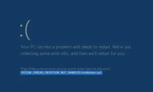 Niebieski ekran śmierci Windows z komunikatem o błędzie SYSTEM_THREAD_EXCEPTION_NOT_HANDLED (nvlddmkm.sys), wskazującym na problem z wideo tdr failure.