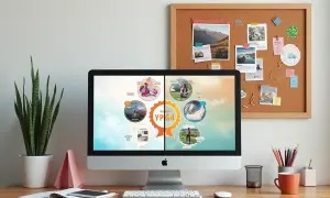 Cyfrowa vision board na ekranie komputera, pełna inspirujących zdjęć i celów. Obok tablica korkowa z przypiętymi fotografiami i notatkami.