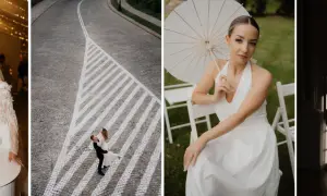 Kompozycja otwarta: para całuje się przy wieży kieliszków, tańczy na ulicy, siedzi z parasolką i przytula się w cieniu.