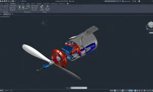 Silnik lotniczy z łopatami śmigła, szczegółowo odwzorowany w programie AutoCAD. Możesz stworzyć podobne projekty, szukając "autocad za darmo".