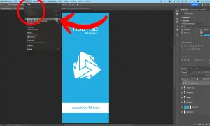 Menu "Obraz" w programie Photoshop, z zaznaczoną opcją "Rozmiar obrazu". W tle widoczny projekt graficzny z logo i adresem strony, jakby przygotowany przez **acrobatę** do druku.