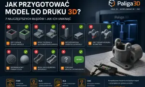 Poradnik "Jak przygotować model do druku 3D?" z Paliga3D. Ilustracje pokazują błędy i poprawne rozwiązania w modelowaniu 3D.