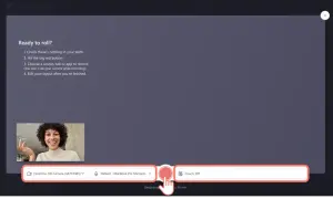 Kobieta z uśmiechem na twarzy przygotowuje się do nagrania. Widoczna jest opcja wyboru kamery FaceTime HD, mikrofonu i wyłączonego trenera (Coach: Off).