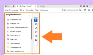 Panel narzędzi w programie Adobe Reader pokazuje opcje edycji, eksportu i organizacji plików PDF.