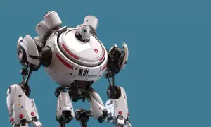 Biały robot z czerwonymi akcentami, stworzony w Substance Designer, z okrągłym korpusem i uroczą głową.