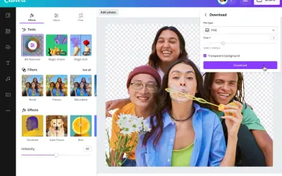 Jak usunąć tło ze zdjęcia? W Canva wybierz "BG Remover", zaznacz "Transparent background" i pobierz plik PNG.