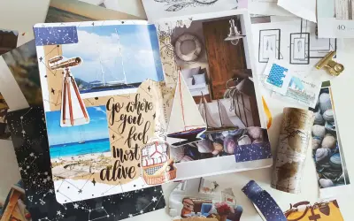 Inspiracja do tego, jak zrobić kolaż: morskie podróże, żaglówki, plaża, lornetka, kosz piknikowy i mapy.