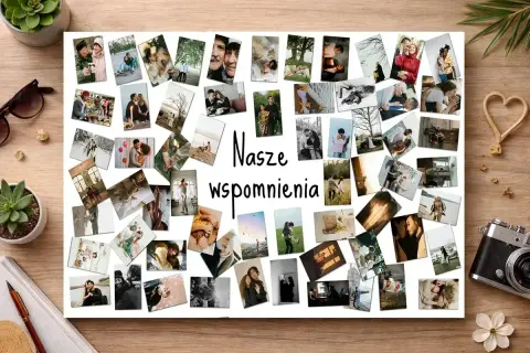 Kolaż zdjęć z napisem "Nasze wspomnienia". Wiele par, rodzin, dzieci, ślubów. Widać też elementy dekoracyjne, jak serce z drewna.
