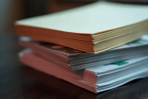 Stos papierów o różnej gramaturze, od jasnego kremowego po różowy, leży na drewnianym blacie.