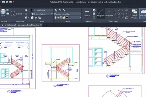 Widok schodów w programie DWG TrueView po polsku. Detale architektoniczne schodów i ich sekcje.