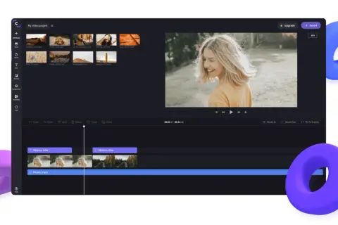 Edytor wideo z interfejsem podobnym do adobe creative, prezentujący projekt z klipami wideo, ścieżką muzyczną i podglądem.