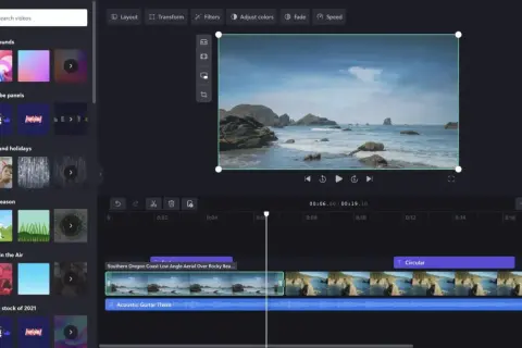Program do montowania filmów z podglądem klipu z wybrzeżem i ścieżką dźwiękową.