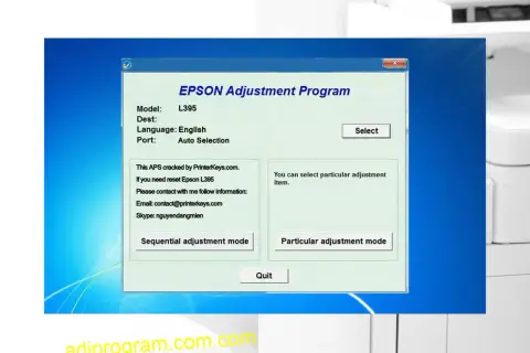 Program EPSON Adjustment Program dla modelu L395. Umożliwia reset i dostosowanie drukarki.