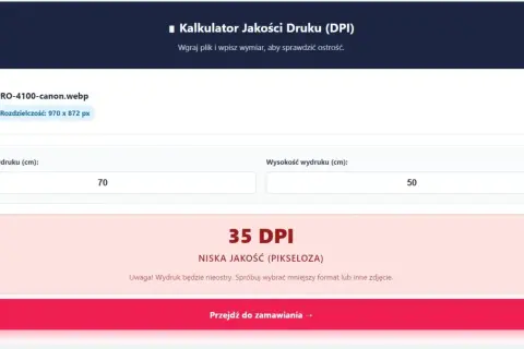 Kalkulator jakości druku (DPI) pokazuje 35 DPI dla wydruku 70x50 cm, co oznacza niską jakość.