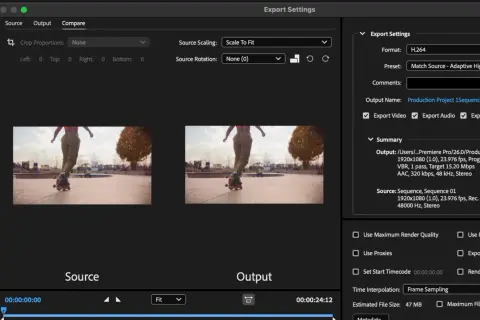 Porównanie źródła i wyjścia w Adobe Media Encoder. Widok porównawczy z rolkarzem na rolkach.