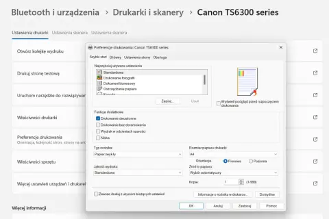 Ustawienia drukowania dwustronnego w oknie preferencji drukarki Canon TS6300. Zaznacz pole "Drukowanie dwustronne", aby dowiedzieć się, jak drukować dwustronnie.