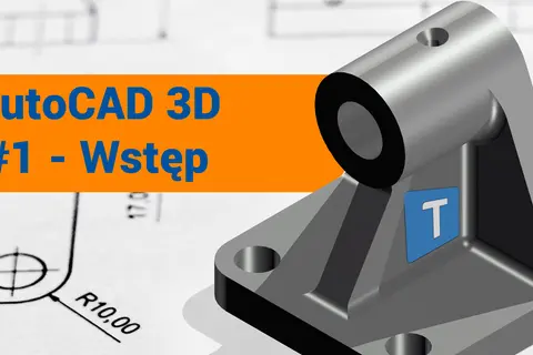 Wizualizacja modelu 3D wykonanego w programie AutoCAD. Obok rysunku technicznego widoczny metalowy element z logo "T".