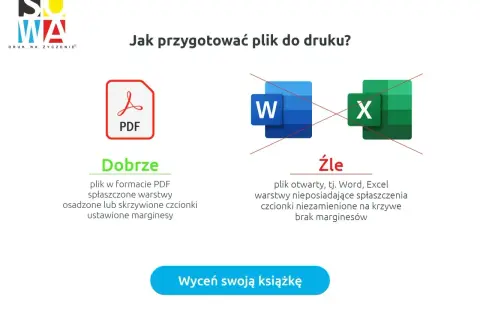 Jak wydrukować? Plik PDF to dobry wybór, bo ma spłaszczone warstwy i osadzone czcionki. Unikaj Worda i Excela.
