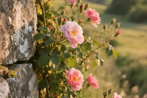 Różowe róże przy kamiennym murze, idealne do inspiracji, jak przerobić zdjęcie, by uzyskać taki efekt.