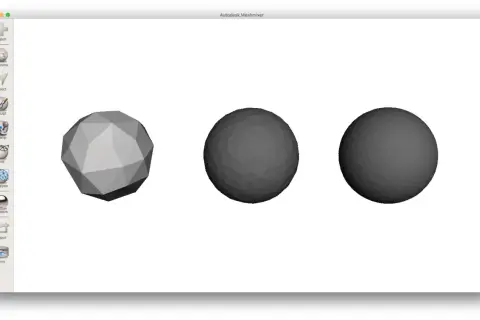 Trzy modele 3D: wielościan, gładka kula i lekko chropowata kula. Program Autodesk Meshmixer pozwala na import i edycję plików stl.