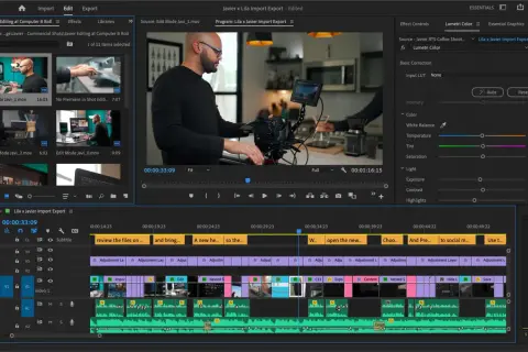 Edycja w **Premiere Pro**: montażysta pracuje nad projektem, widać okna podglądu, osi czasu i panel efektów Lumetri Color.