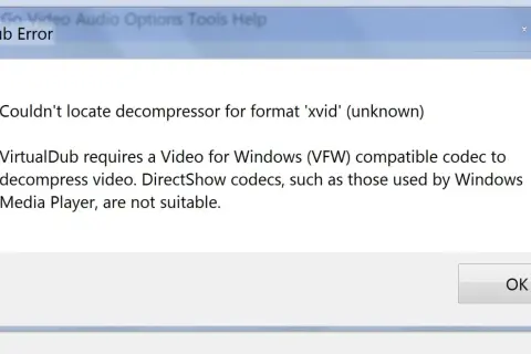 Błąd VirtualDub: nie znaleziono kodeka xvid. Program potrzebuje kodeka VFW, nie DirectShow.
