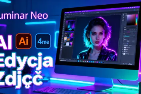 Luminar Neo z AI do edycji zdjęć. Komputer wyświetla portret kobiety z neonowym konturem.
