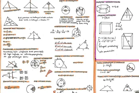 Zbiór wzorów geometrycznych, w tym figury płaskie i przestrzenne, z zaznaczonym symbolem @.