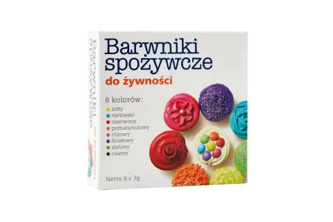 Zestaw barwników spożywczych. Zastanawiasz się, jaki kolor wyjdzie z połączenia czerwonego i niebieskiego? Sprawdź na opakowaniu!
