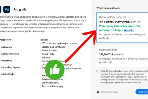 Ile kosztuje Photoshop? Roczny plan z płatnością miesięczną to 18,43 €/mies., z 25% rabatem przez pierwsze 6 miesięcy.