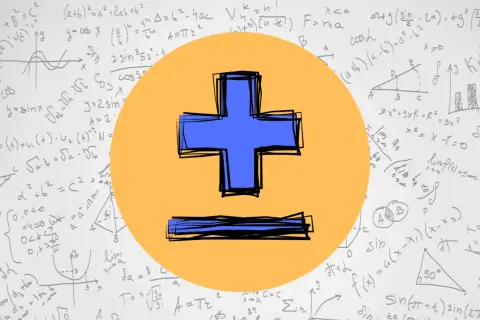 Niebieski plus minus symbol na tle równań matematycznych.